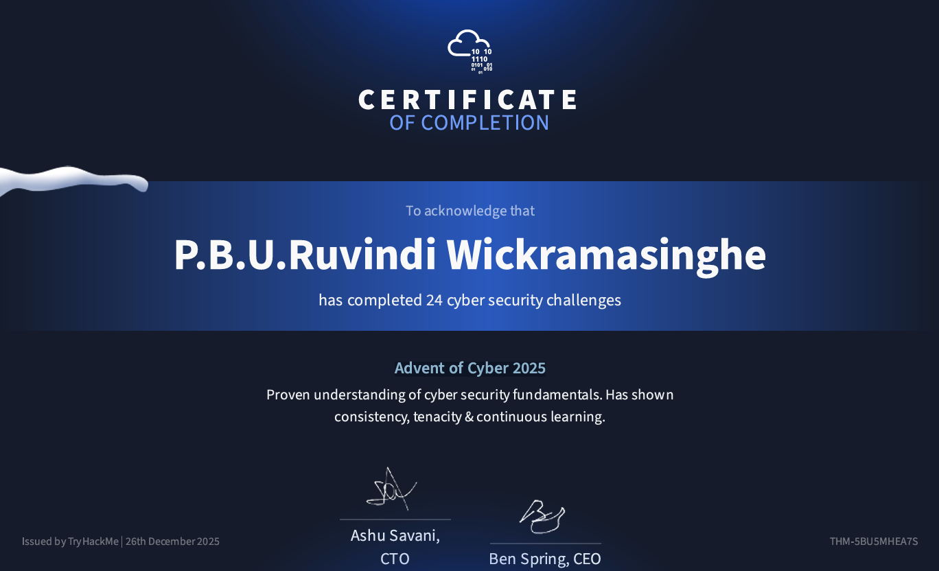 
Advent of Cyber Certificate